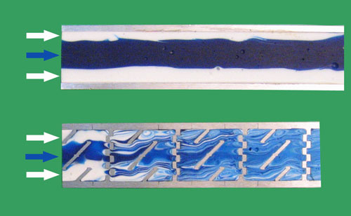 Figure #2: Laminar flow in an empty tube (top) and through an X-Grid type static mixer (bottom)